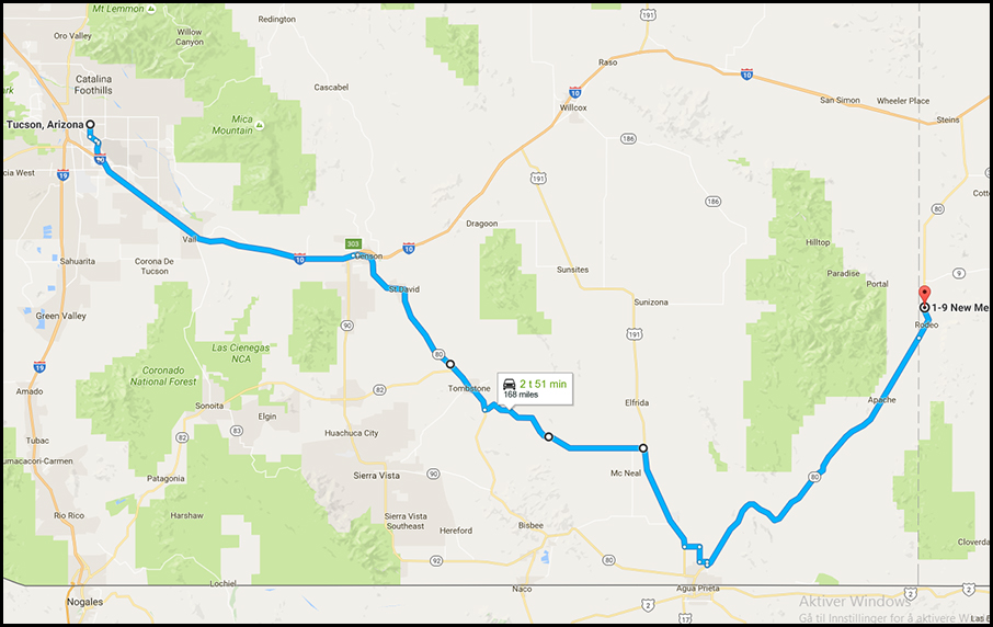 Reiseruta fra Tucson, og østover mot Rodeo, New Mexico.